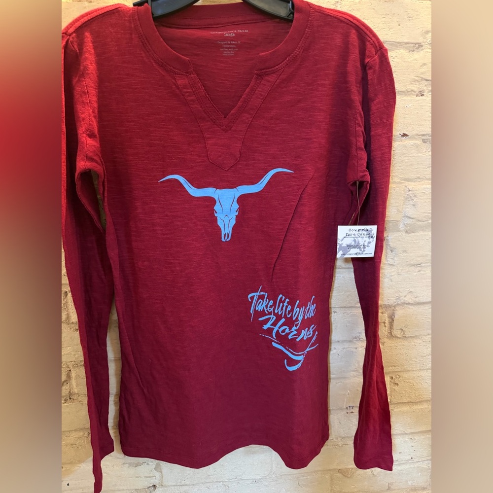 Equestrian Longhorn Cotton Long Sleeve V neck Shirt